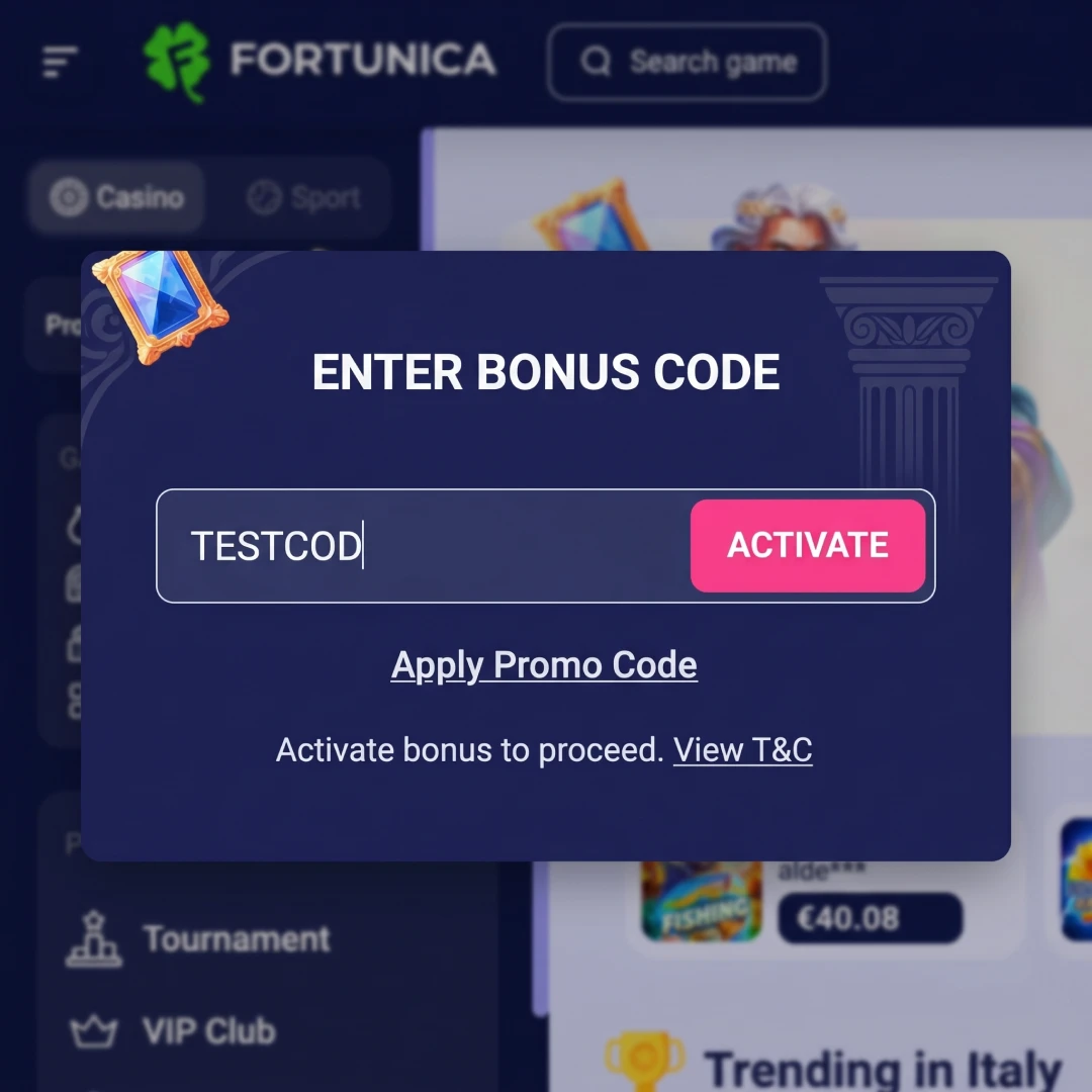 Bonus code entry field in the Fortunica Casino profile where players activate no-deposit promo codes from email or affiliate campaigns