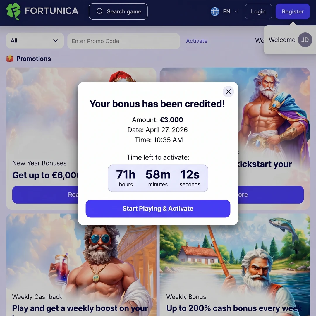 Bonus credited notification in the Fortunica Casino account showing a £20 first-deposit match activated with a 72-hour activation window
