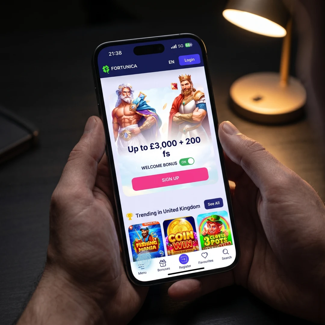 Fortunica Casino mobile app on iOS showing the lobby, bonus card and main navigation in April 2026