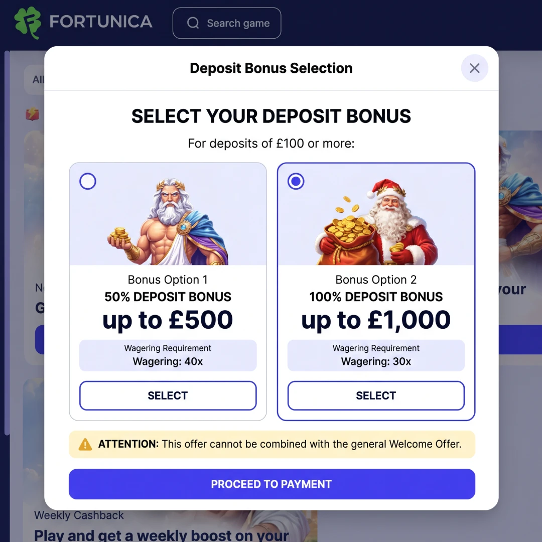 Fortunica Casino Choose Your Path bonus selection screen with 50% and 100% match options at 40x and 30x wagering