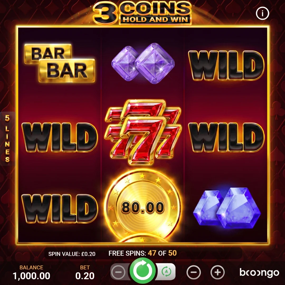 Free spin counter inside the 3 Coins slot by Booongo at Fortunica Casino, showing remaining welcome free spins at £0.20 each