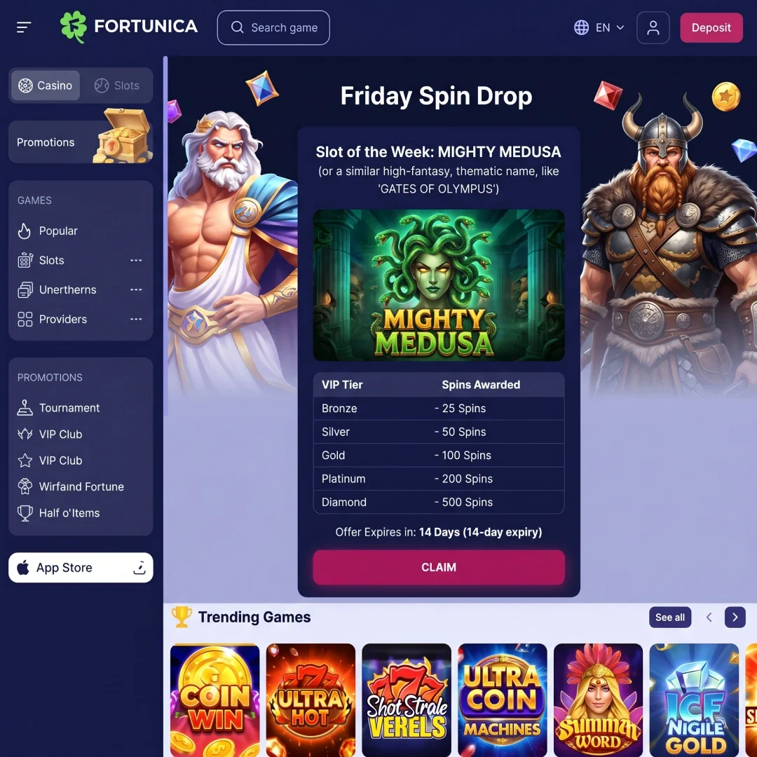 Friday Spin Drop promotion page at Fortunica Casino showing 20 to 100 free spins on a featured slot, scaled by VIP tier