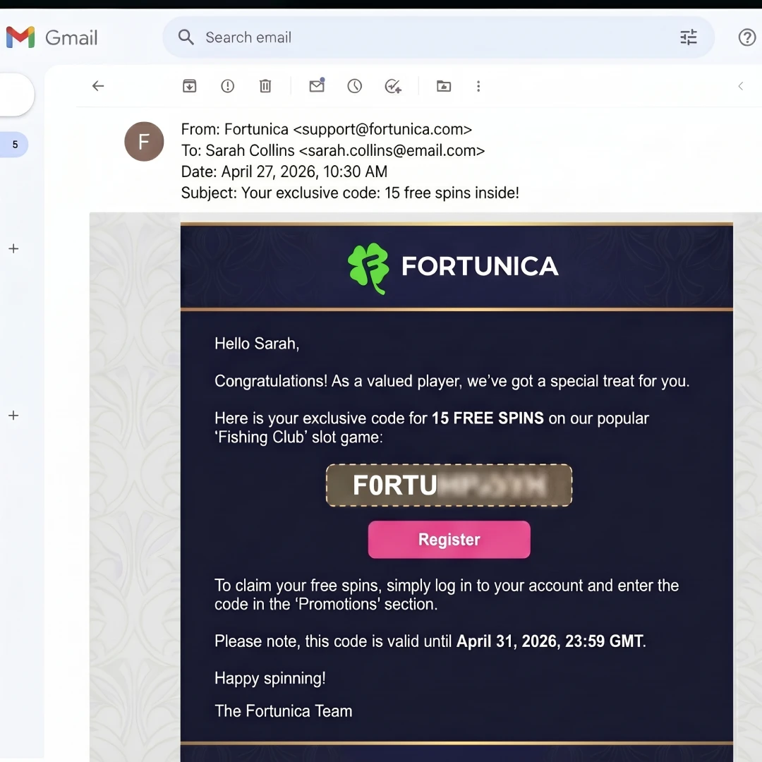 Promotional email from Fortunica Casino delivered in March 2026 with an exclusive 15 free spins no-deposit code valid for 72 hours