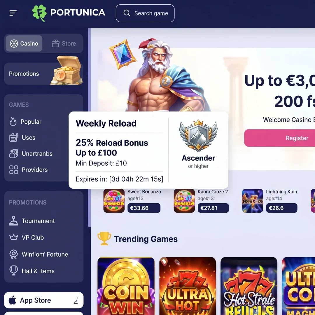 Weekly top-up reload promotion at Fortunica Casino with a 25% match up to £100 visible to Ascender-tier VIP players